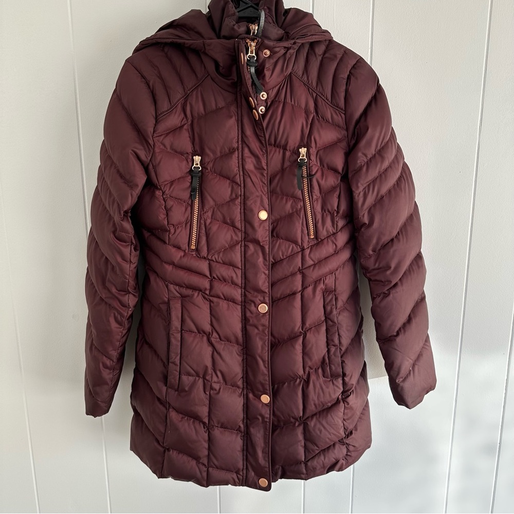 Maroon Purple Long Puffer Coat Multi-Zip